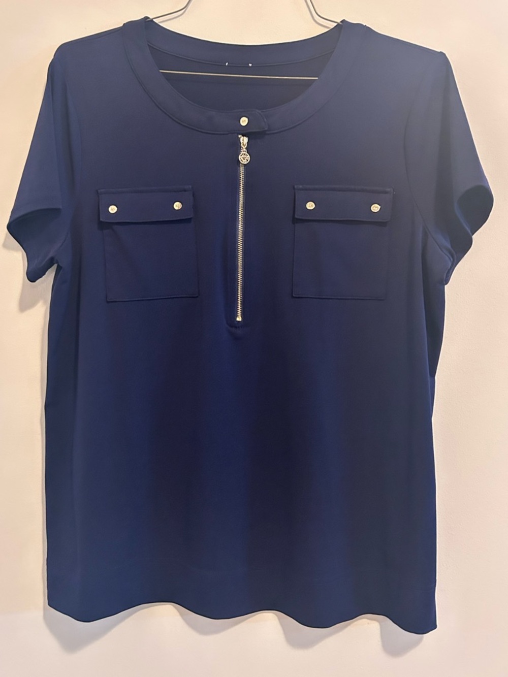 Anne Klein Navy Short Sleeve Zip Front Pocket Top